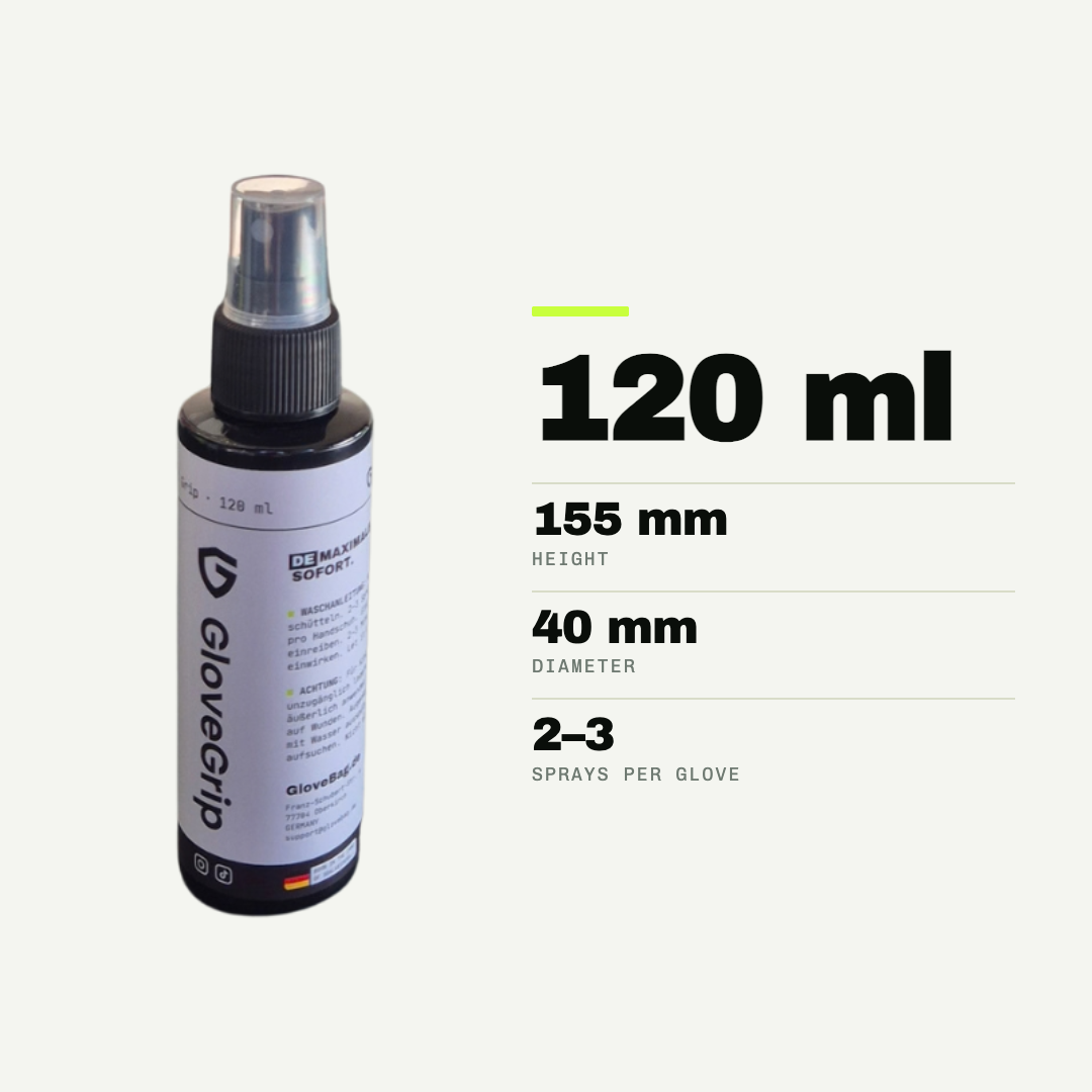 GloveGrip grip spray, 120 ml, 155 mm tall and 40 mm in diameter