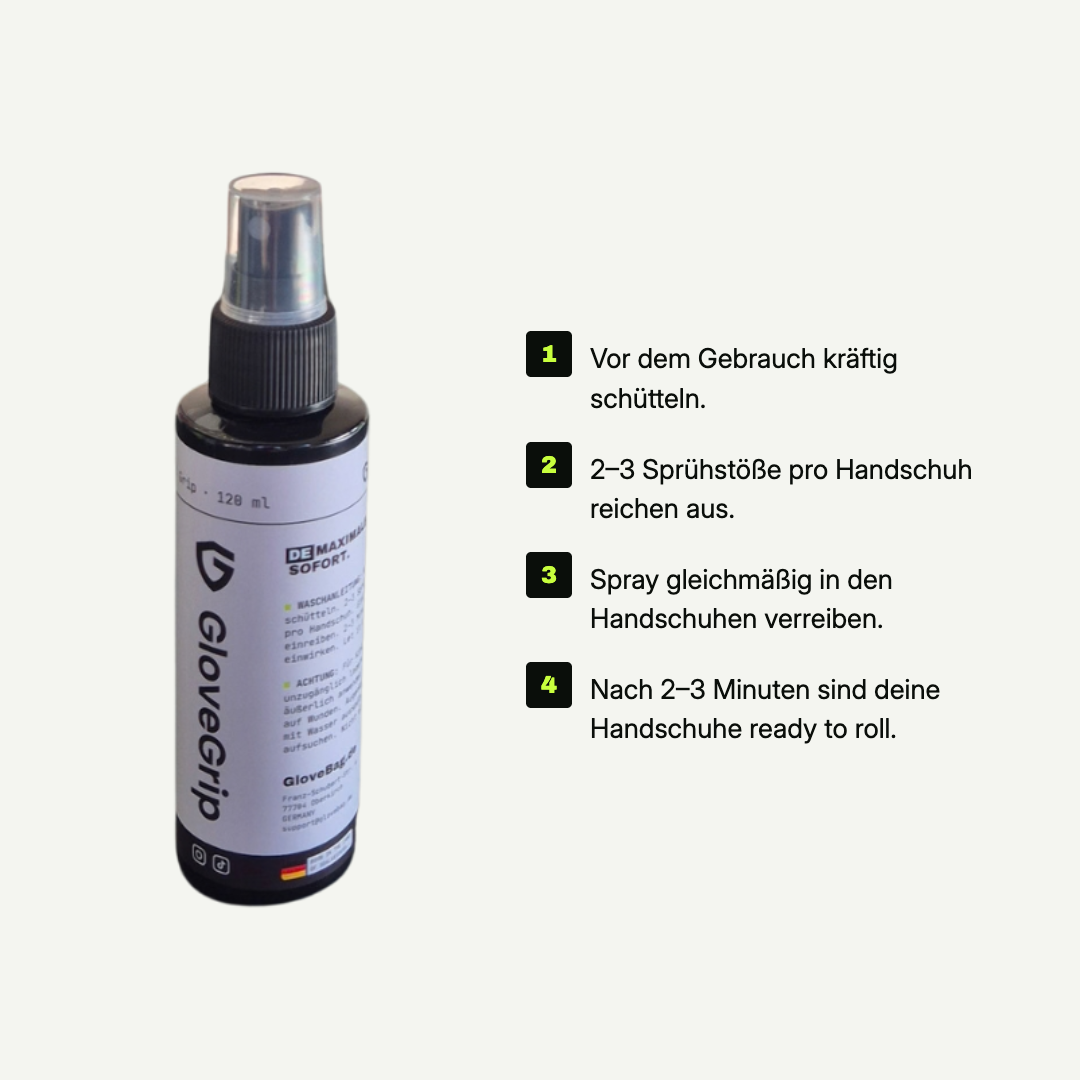 GloveGrip in vier Schritten anwenden: schütteln, sprühen, verreiben, einwirken lassen