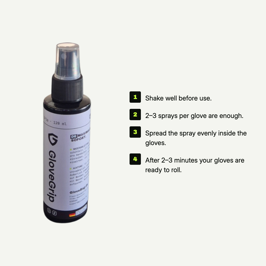 Using GloveGrip in four steps: shake, spray, spread, let it set