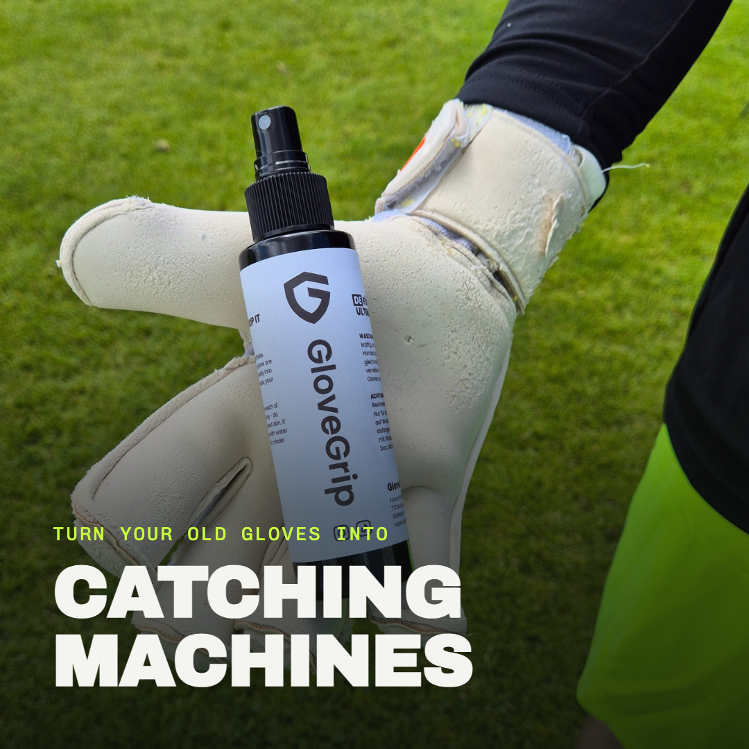 Goalkeeper holding GloveGrip and a pair of worn gloves